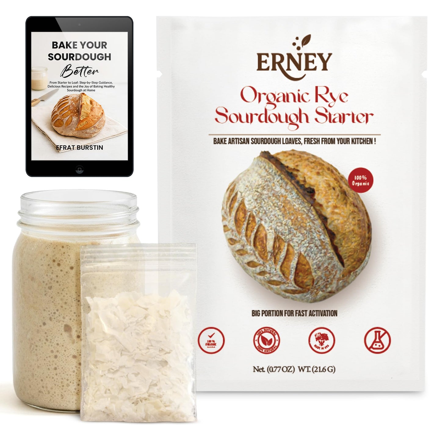ERNEY Live Organic Rye Sourdough Starter for Bread Making - Perfect Rise Organic Sourdough Bread Flour with Instruction - Versatile Homemade Pastry Flour Perfect for Artisan Loaf Pizza Muffins - 1 pack