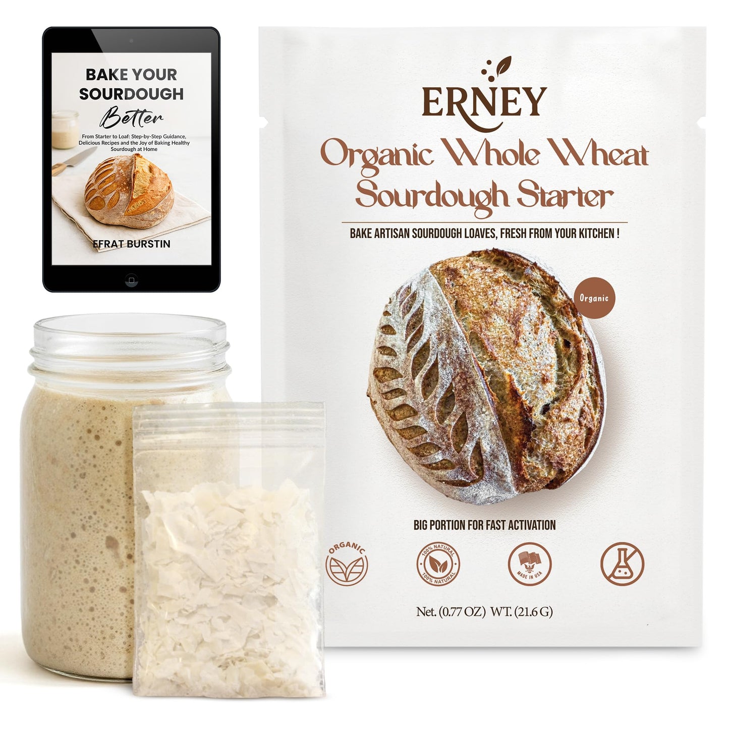 ERNEY Dehydrated Organic Whole Wheat Sourdough Starter for Bread Making - Perfect Rise Organic Whole Wheat Sourdough Bread Flour with Instruction - Versatile Homemade Pastry Flour Perfect for Artisan Loaf Pizza Muffins - 1 pack