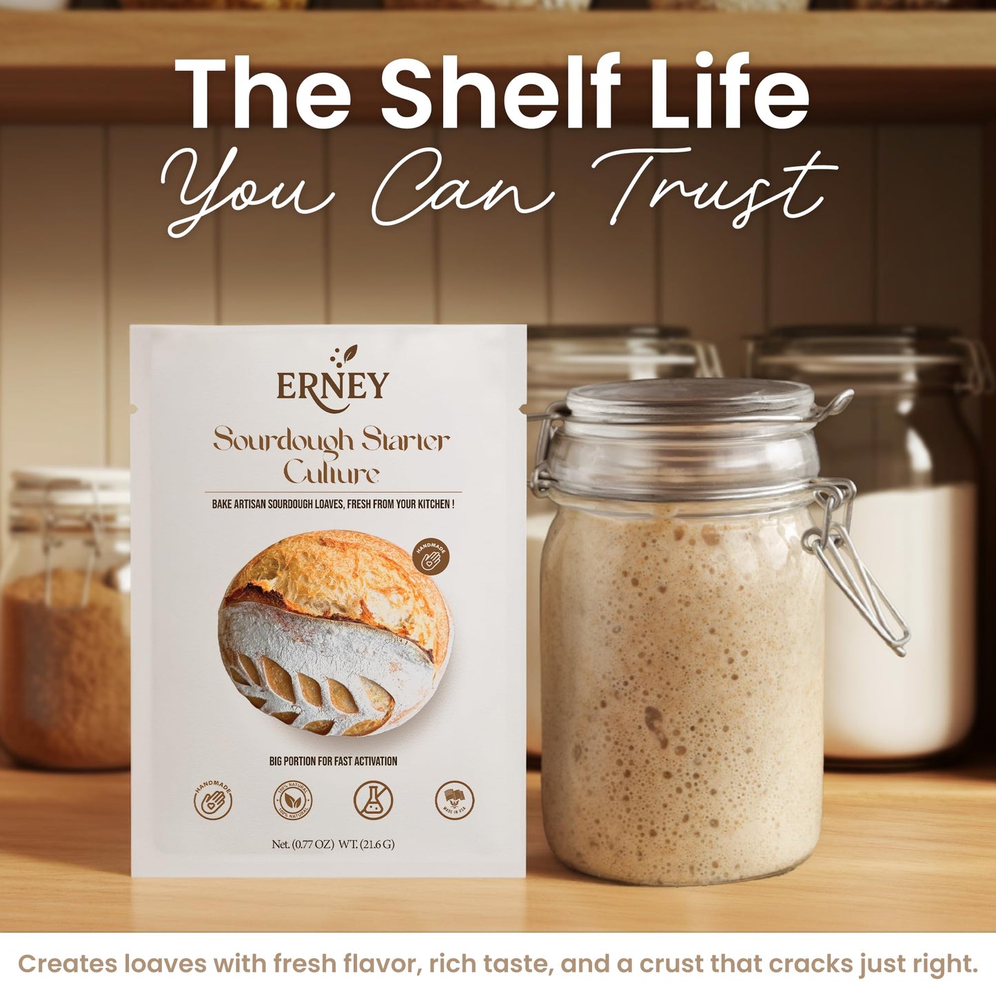 ERNEY Dehydrated Sourdough Starter for Bread Making - Perfect Rise Organic Sourdough Bread Flour with Instruction - Versatile Homemade Pastry Flour Perfect for Artisan Loaf Pizza Muffins - 1 pack