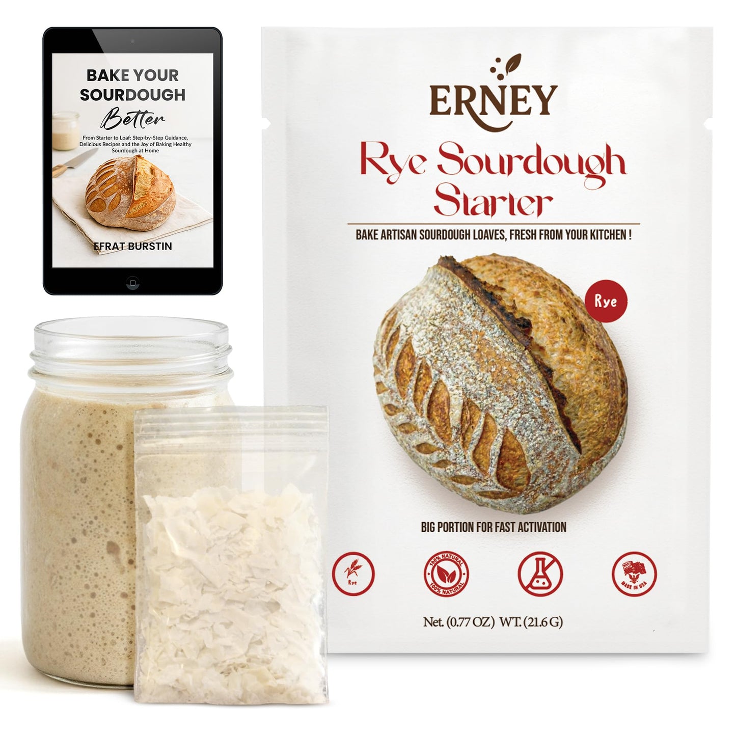ERNEY Live Organic Rye Sourdough Starter for Bread Making - Perfect Rise Organic Sourdough Bread Flour with Instruction - Versatile Homemade Pastry Flour Perfect for Artisan Loaf Pizza Muffins - 1 pack