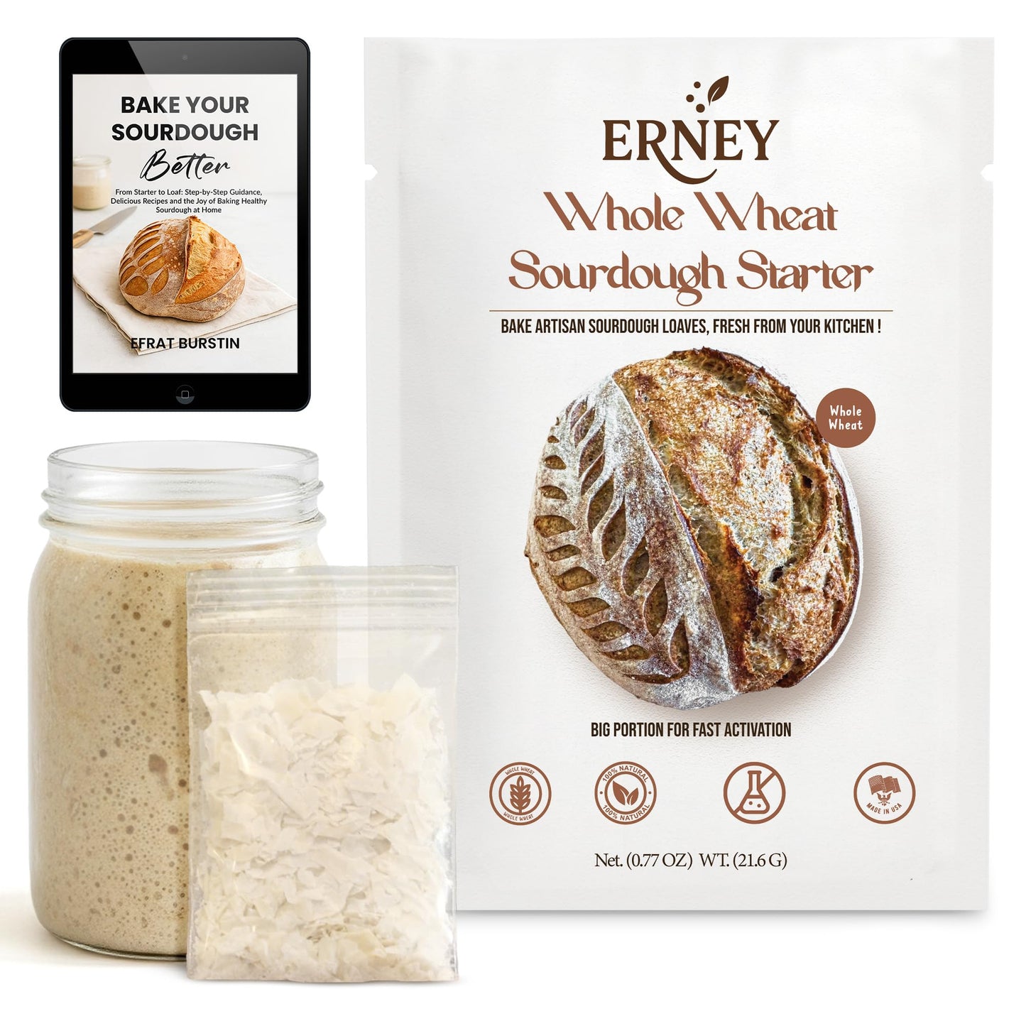 ERNEY Dehydrated Organic Whole Wheat Sourdough Starter for Bread Making - Perfect Rise Organic Whole Wheat Sourdough Bread Flour with Instruction - Versatile Homemade Pastry Flour Perfect for Artisan Loaf Pizza Muffins - 1 pack